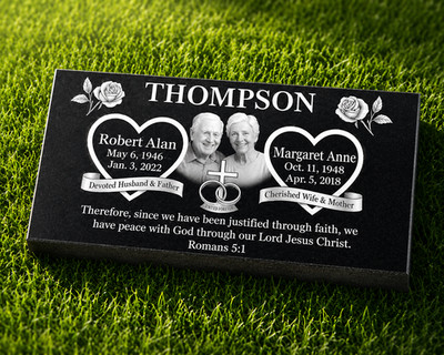 Custom Black Granite Companion Grave Marker Double Portrait Memorial