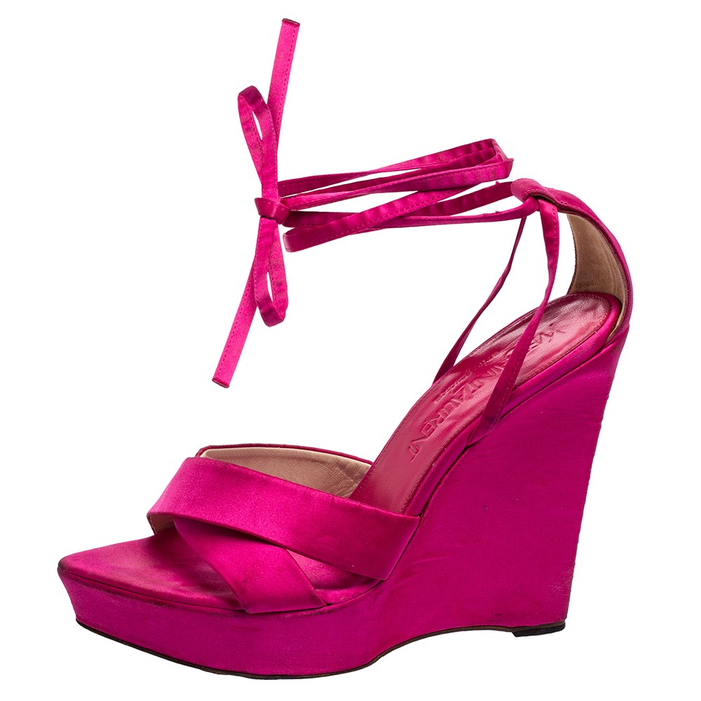 Sandali alla caviglia rosa raso zeppa Saint Laurent taglia 36