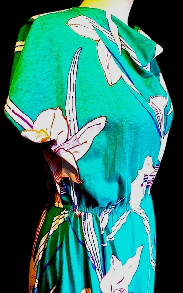 VTG 70s Soft Jersey Semi Fitted Bright Florals Midi Beach, Poolside Dress S - Image 2 of 4