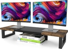 Dual Monitor Stand Riser, Wood and Steel Multi-Purpose Desktop Storage