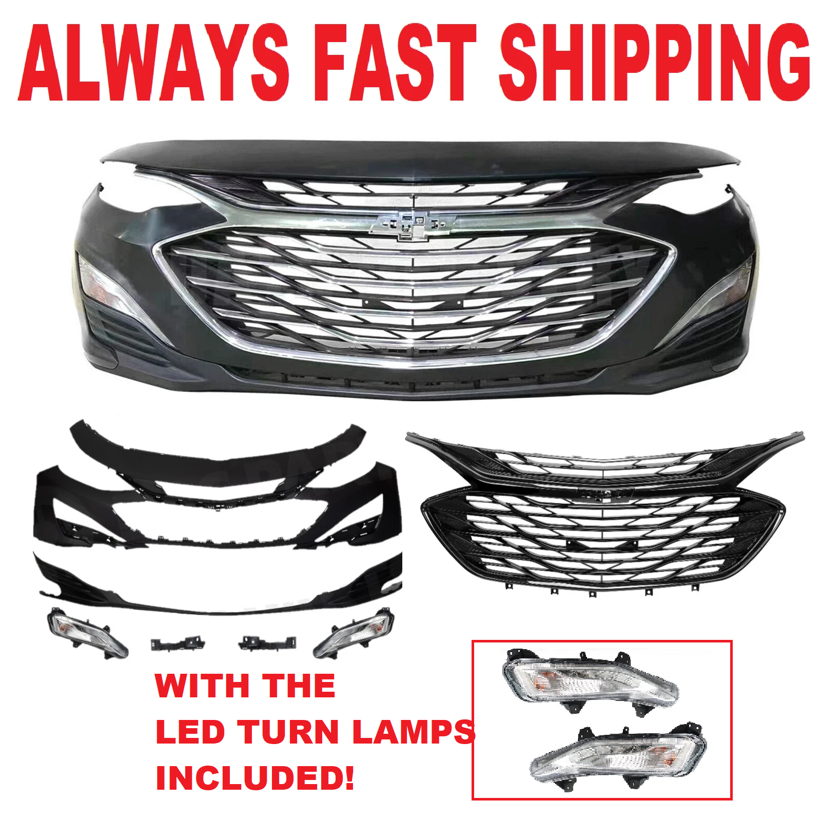 For 2019-2024 Chevy Malibu Front Bumper Cover Upper & Lower Grille Fog Light Set