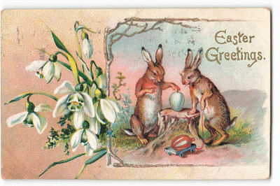 1907 Easter Greetings Anthropomorphic Upright Rabbits VTG Postcard KAY2.