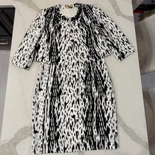 Kasper A Line Dress w/ Jacket White/Black Abstract Women's 14 Embellished Neck