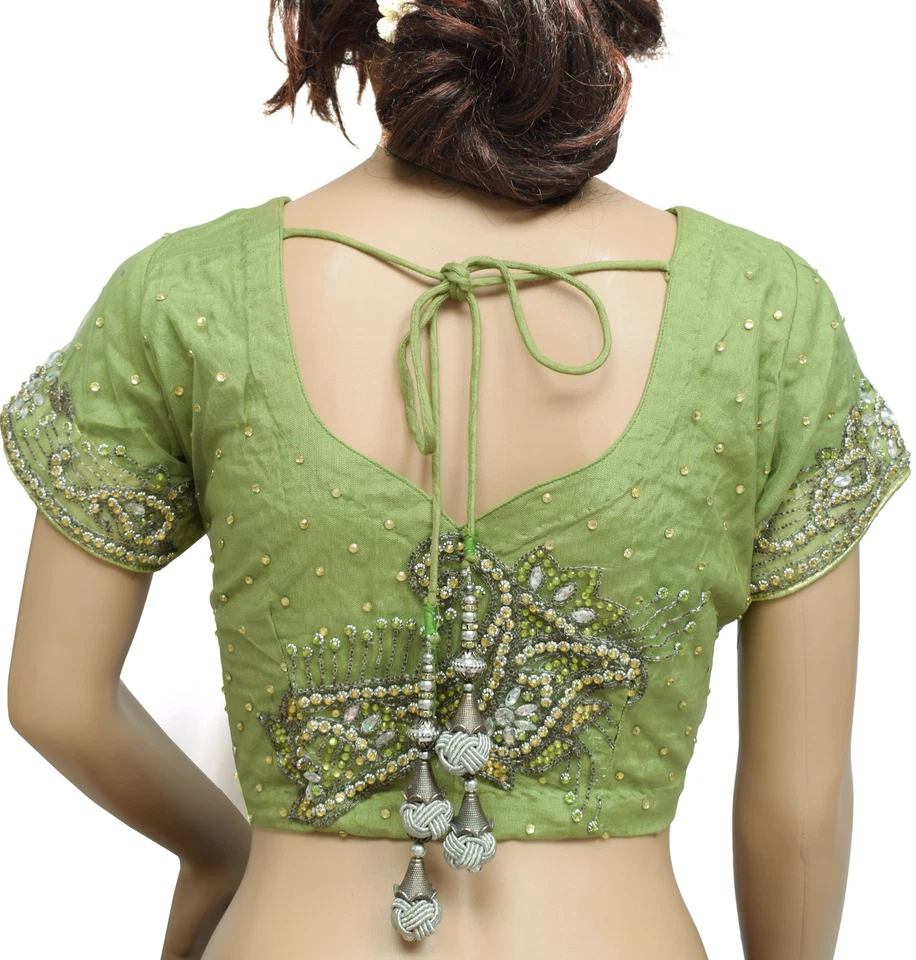 Винтажная зеленая готовая сшитая блузка сари Sushila сетчатая с ручным бисером чоли - Изображение 4 из 4