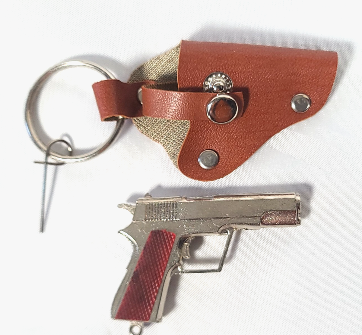 Toy Mini Cap Gun Keychain w/Holster - Silver Gun - Loading Pin