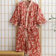 Men Cotton Kimono Bathrobe Print Half Sleeve Robe with Pockets Lounge Sleepwear