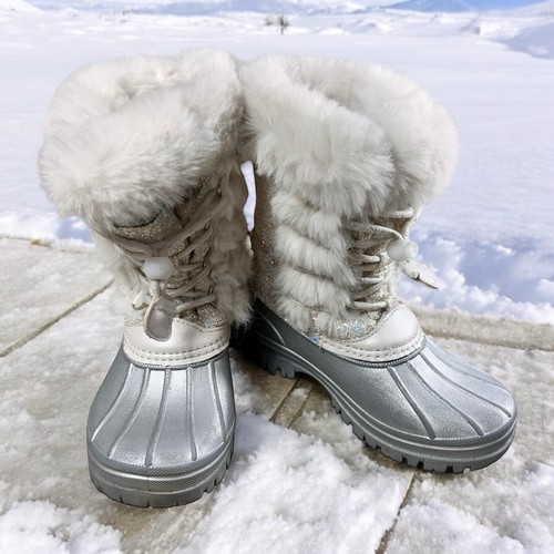 London Fog Sparkly Snow Commander Boots Sz 13 White Faux Fur Glittery Warm Lined - Picture 1 of 12
