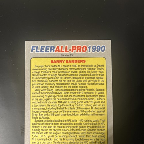 1990 Fleer #4 Barry Sanders All-Pro Mint - Bild 5 von 6