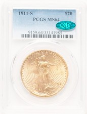 1911-S $20 CAC Blue Gradient Saint-Gaudens Double Eagle PCGS MS64