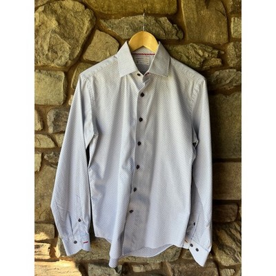 Lorenzo Uomo Trim Fit Dress Shirt Mens 15 34/35 White Navy Micro Print Button Up