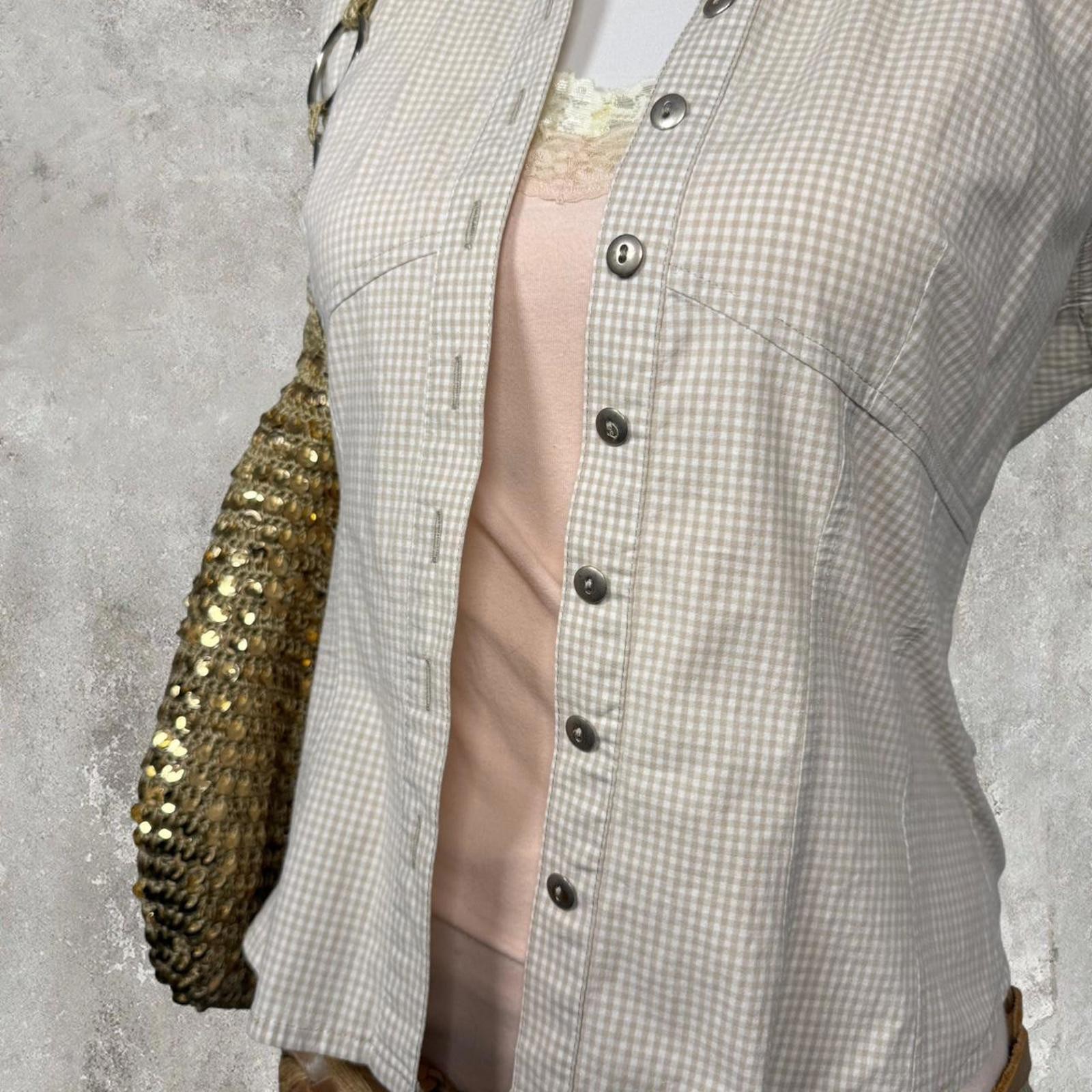 fall basic cream and tan gingham button up fitted… - image 3
