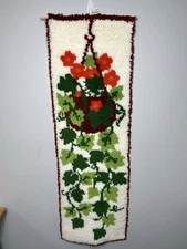 Vtg Yarn Latch Hook Rug Wall Hanging colorful plants 47" x 15" 1970s Read