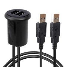 2 Ports Dual Car USB Port 2.0 Male to Female USB Cable AUX Flush Mount, YM124...
