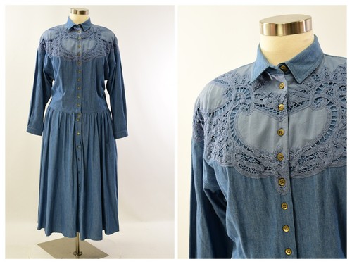 90s Vintage Denim Drop Waist Shirt Dress Tonal Lace Overlay Womens XL Together
