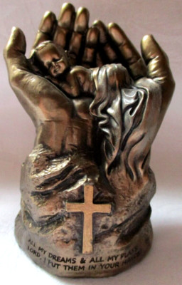 3 ZOLL HOHE SCHÖNE STATUE von: 'IN SEINER HANDFLÄCHE' ~ in 2-TÖNEN HARZ BRONZE