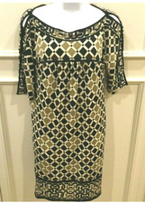 Nine West Shift Dress Size 2 Black Ivory Brown Geometric Print Short Sleeves