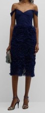  895 Marchesa Notte Women's Blue Polka-Dot Ruffled Off-Shoulder Dress Size 10