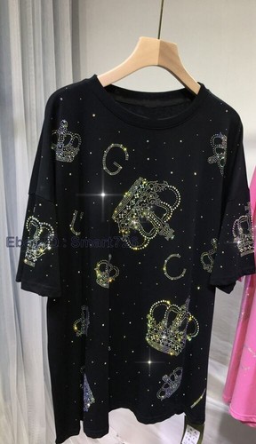 L-4XL Plus Size Tops Rhinestone Graphic T-shirts Summer Cotton Women's Clothing - Picture 7 of 32