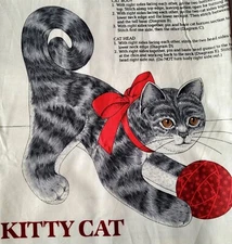Cranston Kitty Cat Fabric Panel Cut Sew & Stuff Pillow 14x17 Ribbon & Yarn Ball