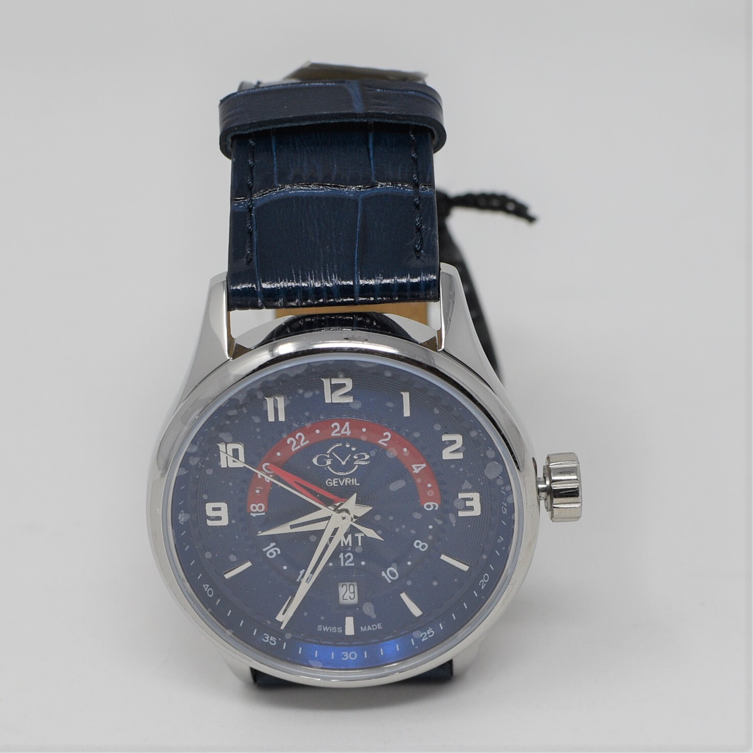 Gv2 By Gevril Men's 42302 Giromondo Blue Dial Leather Date Swiss Made GMT Watch image 4