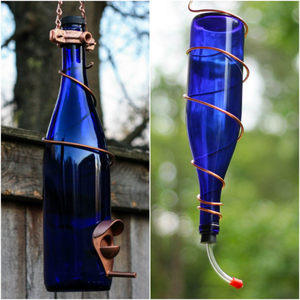 Cobalt Blue And Copper Wine Bottle Bird Feeder Combo Glass