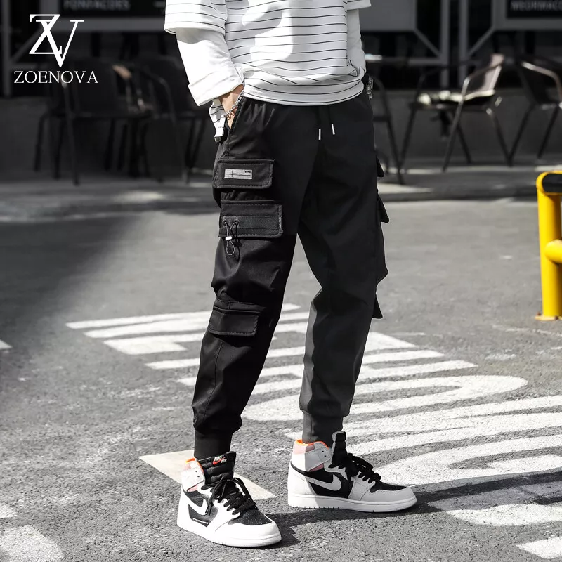 Men's new black multi-pocket pants with drawstring design hip-hop