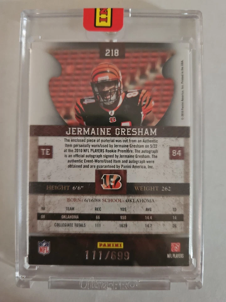 2010 Plates & Patches /699 Jermaine Gresham #218 Rookie Auto RC Bengals - Image 2 of 2