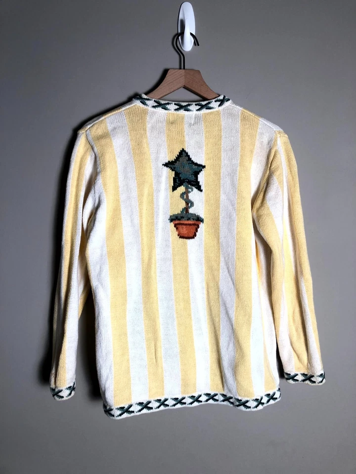 Cárdigan Suéter The Quacker Factory Amarillo Blanco Rayas Topiario Palabras M *MANCHA Foto 4 de 4