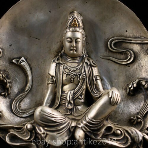 7,8 Zoll altes chinesisches reines Kupfer vergoldetes Silber Kwan-Yin Guan Yin sitzende Mondstatue - Bild 2 von 9