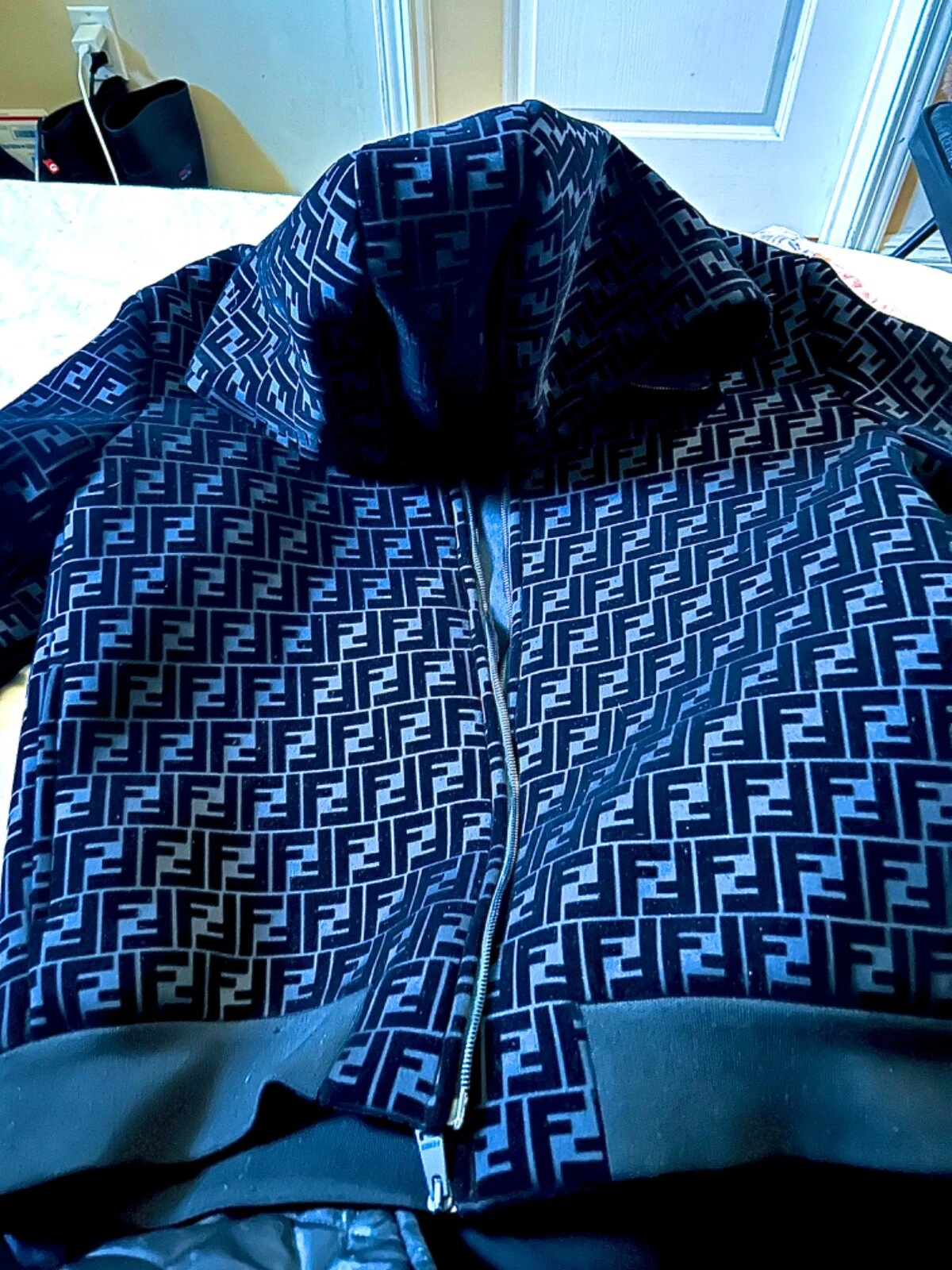 AUTENTICA FENDI FF Monogram Blouson Giacca Maglia Nera Felpa Cappuccio Taglia 54