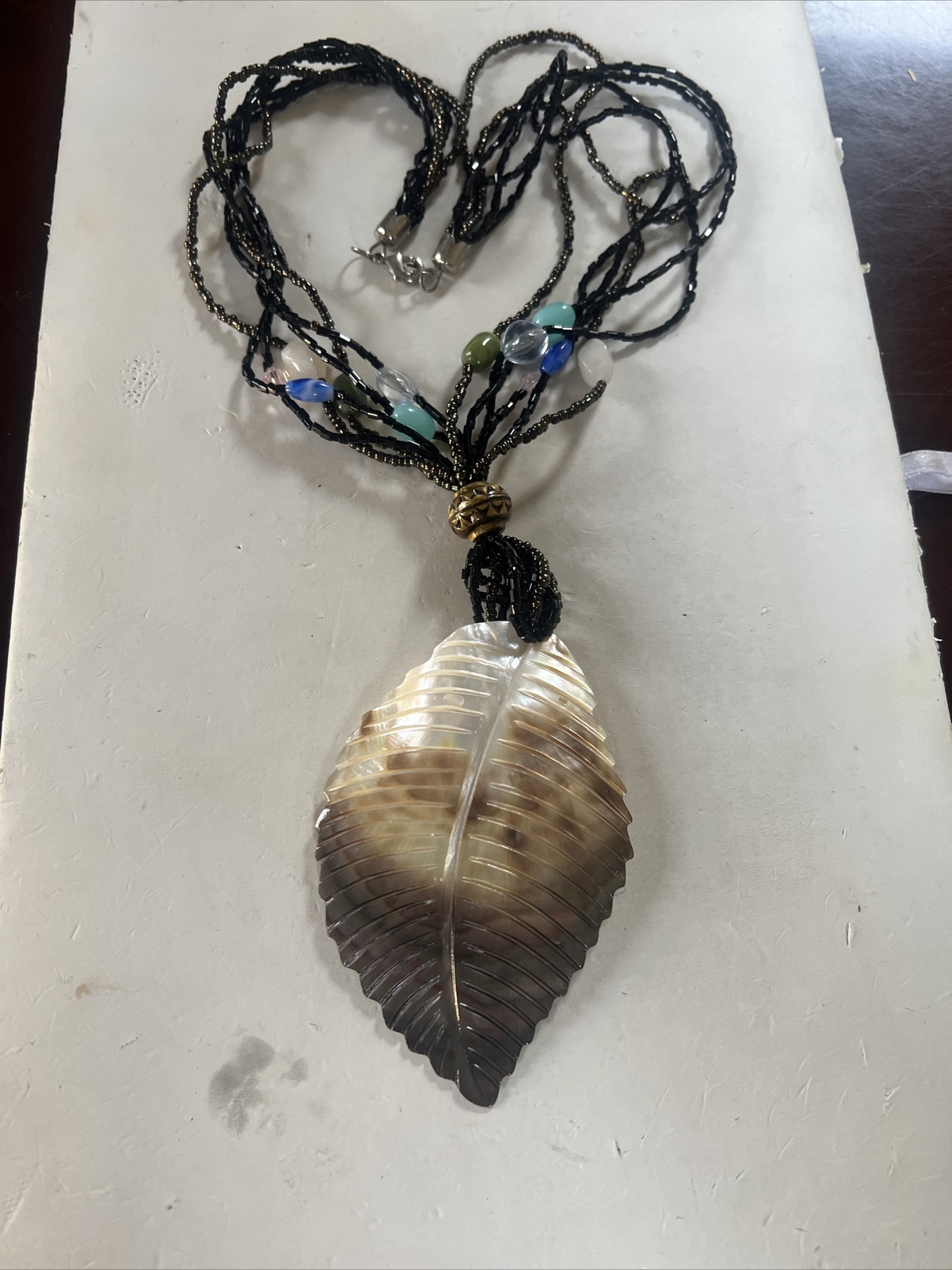Vintage Large Abalone Leaf Shell Beaded Necklace … - image 2