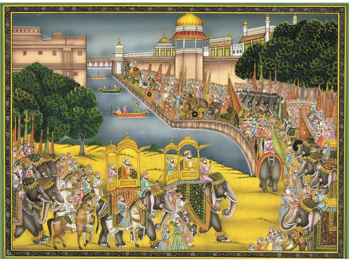 Indian Miniature Painting Of Royal Procession Art And Lake Palace