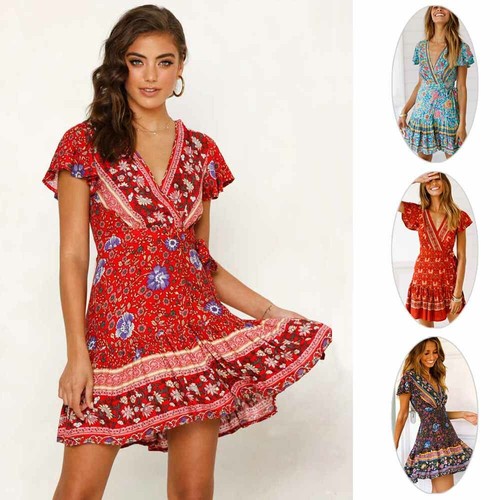2019 Nuevo Verano BOBO Mujeres Escote en Vintage Delgado Kimono Vestidos Cortos Informales |