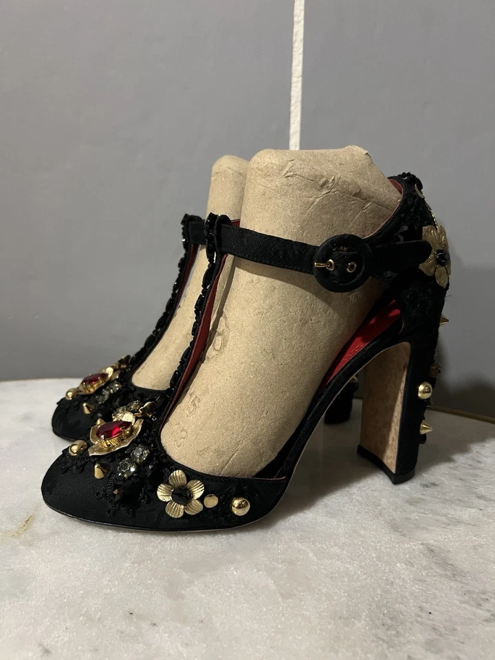 Dolce & Gabbana Limited Edition Black Runway Jewel Platform Heels Size 37 US 7 - Image 4 of 4