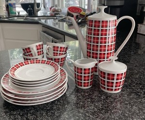 Coffee Set-1970s Stamped “Bavaria 16005”  Red/Black Tartan Plaid-17 piece