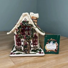 Blue Sky Clayworks HOLLY BERRY Tea Light Village House Cottage Plate & Tag 2002