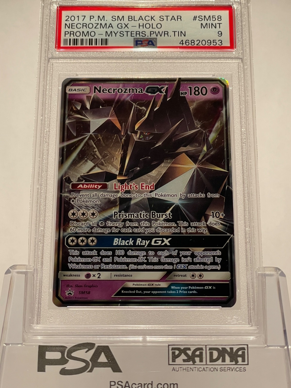 2017 POKEMON SUN & MOON BLACK STAR PROMO NECROZMA GX # SM58 HOLO TIN PSA 9 MINT