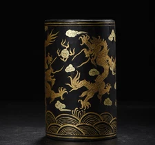 5.51" Old lacquerware paint in gold Two dragons play with a pearl pen container