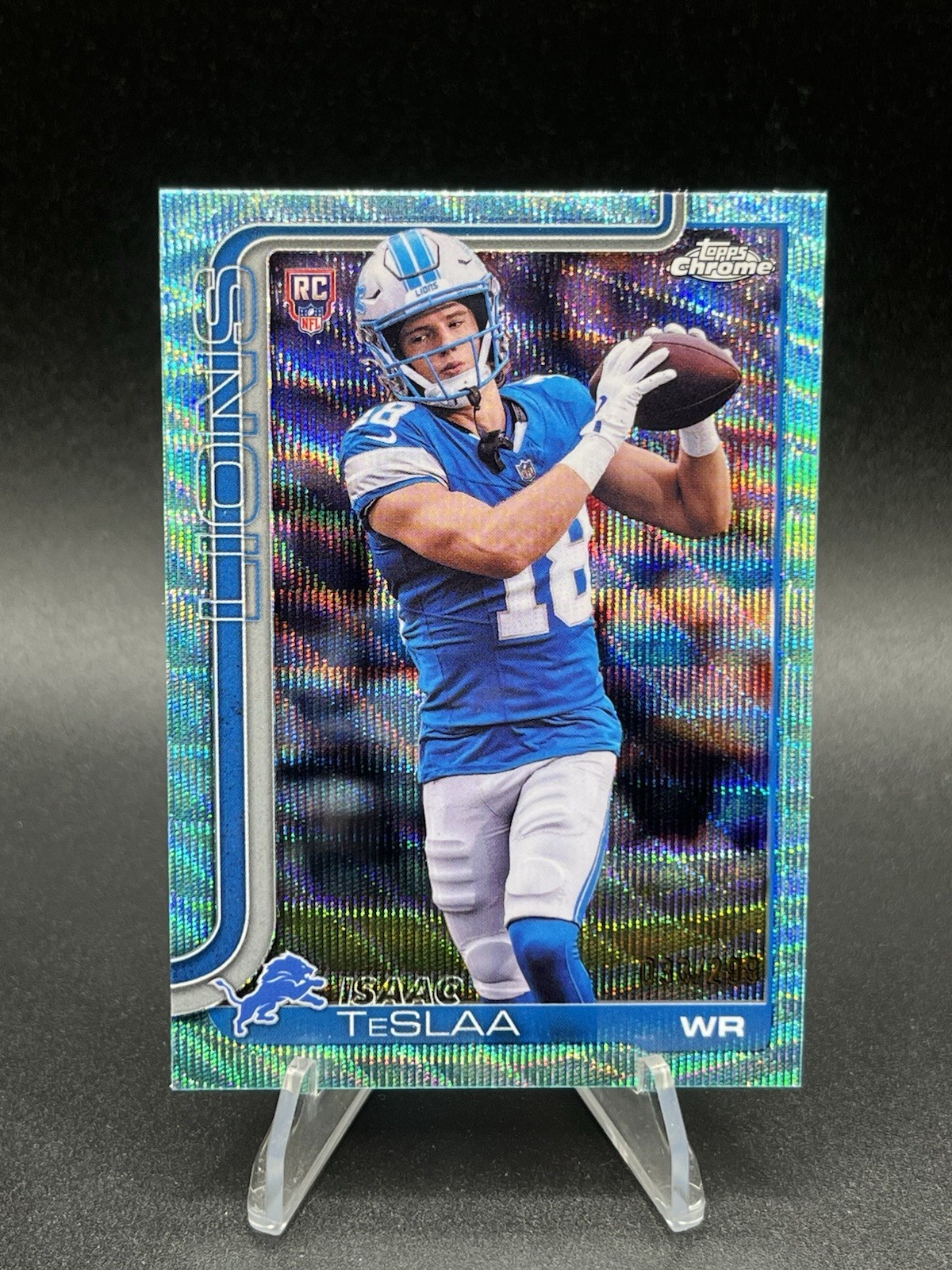 2025 Topps Chrome #320 Isaac TeSlaa Aqua Wave Refractor #/199 Detroit Lions RC