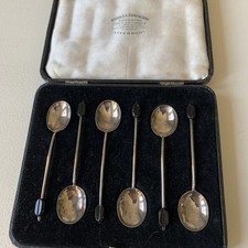  SET OF 6 STERLING SILVER COFFEE BEAN Tspoon Sheffield in presentation box 1904 