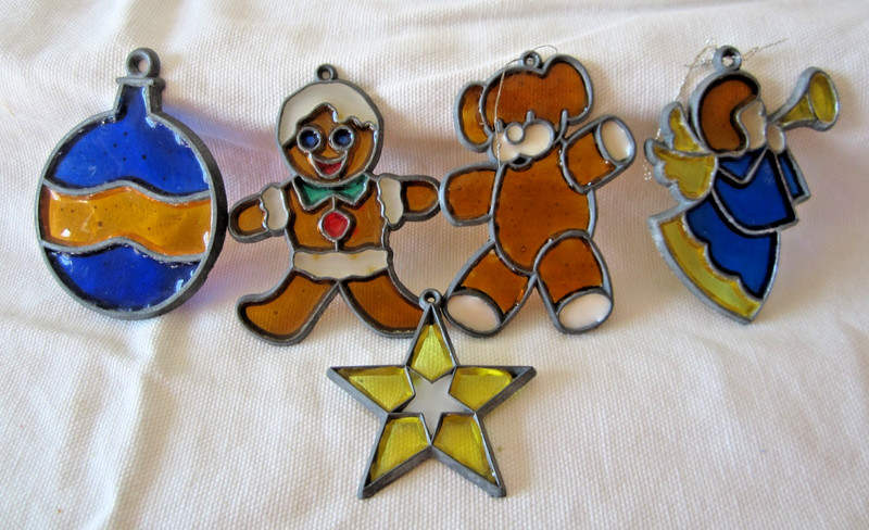 Vintage Lot of 5 Flat Metal Acrylic Stain Glass Christmas Suncatcher Ornaments