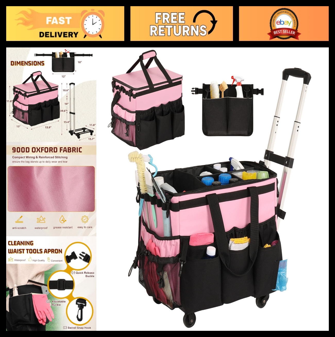 Rolling Cleaning Caddy Organizer with Detachable Trolley & Apron, Large Bag for
