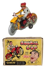 NM/MIB, Glossy & Working Marx 1950s Tin Windup Rookie Cop Motorcycle