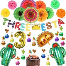 Mexican Third Birthday Party Decoration Three-Esta Fiesta Paper Fans Flowers