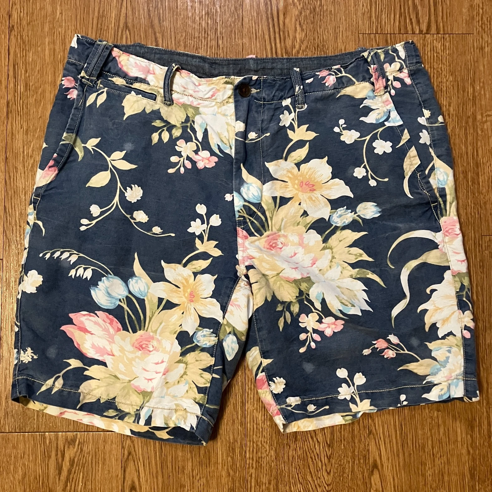Polo Ralph Lauren Floral Shorts Men 35 Linen Cotton Straight Fit Blue 8" Inseam