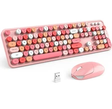 Wireless Keyboard and Mouse Combo, Pink Colorful 2.4G Typewriter Full-Size