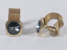 Vintage 1960s Gold Tone Mesh Wrap Cufflinks Blue Rhinestone Large