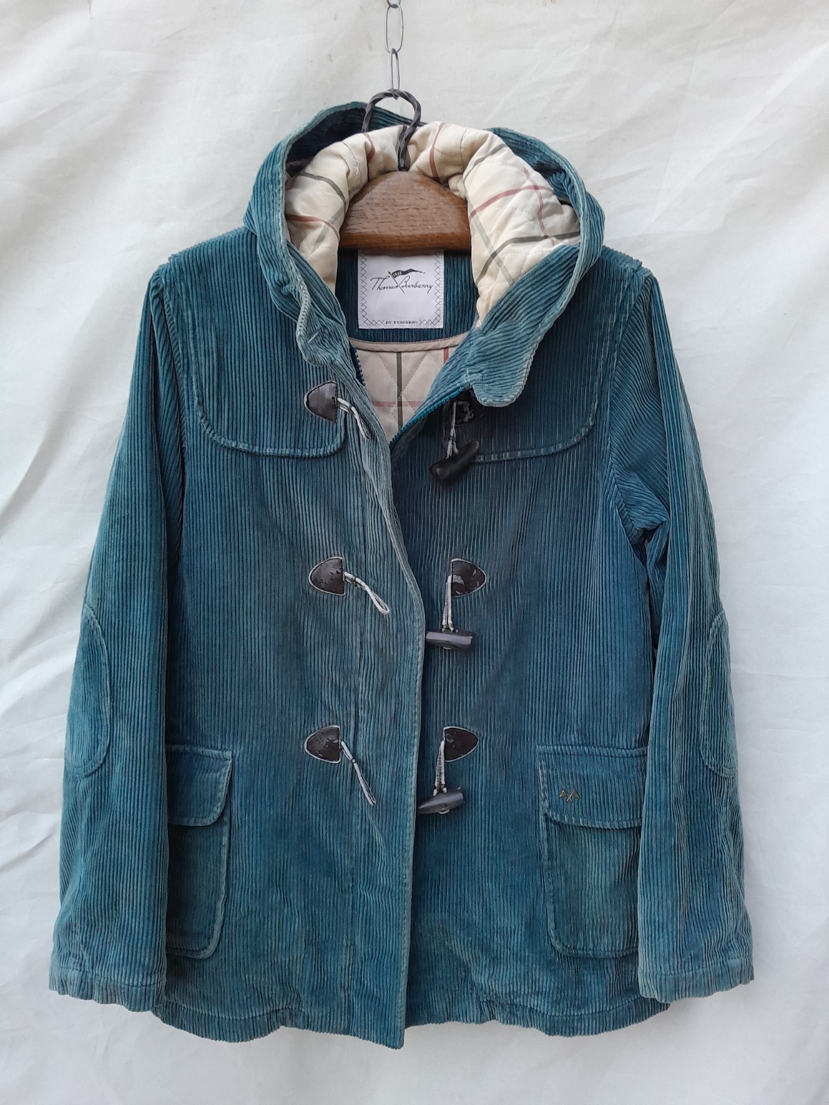 Vintage Thomas Burberry Duffle Coat Womens Large Blue Corduroy Hooded Made Spain image 6