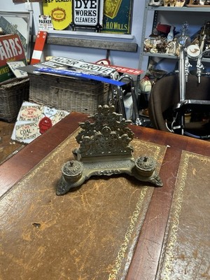 Antique Brass Rococo Cherub Putti Double Inkwell&letter Rack Desk Tidy30x20x19cm