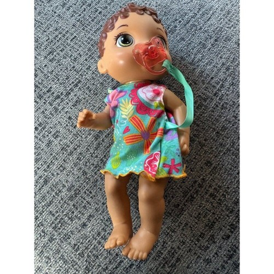 #ad Hasbro Baby Alive Lil Sounds Brunette Doll E3688 Teal Floral Dress Pacifier 12quot; $19.00